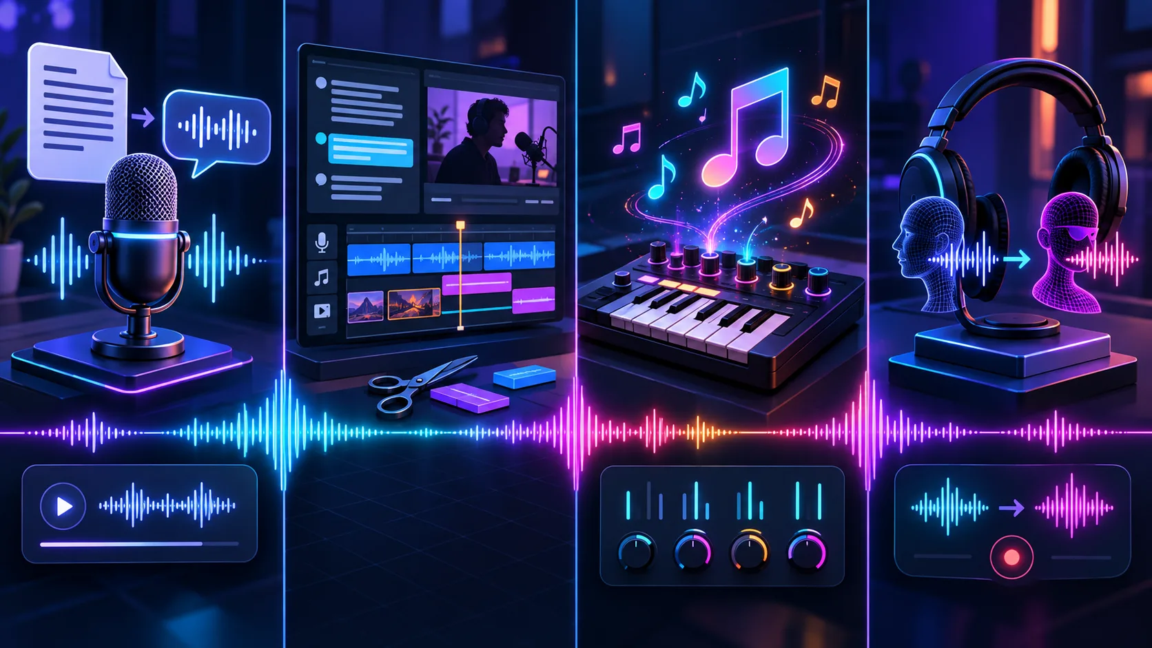 AI audio tools fall into four distinct workflows: narration, editing, music generation and real-time voice transformation.