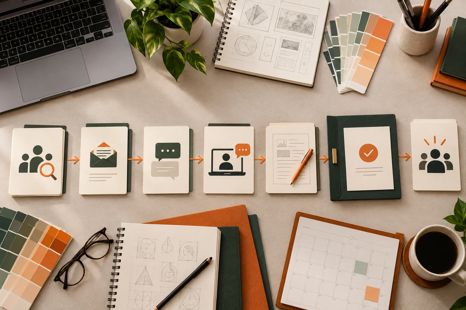 A disciplined client pipeline connects prospect research, personalised outreach, conversation, proposal, signed work and referrals.