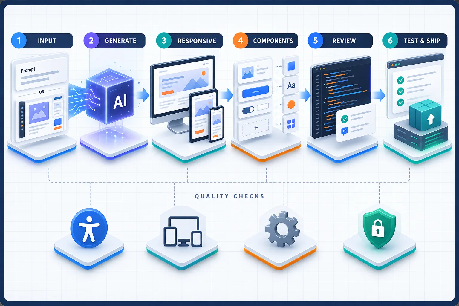 A production-ready UI-to-code workflow includes responsive, component, accessibility, maintainability and security checks.