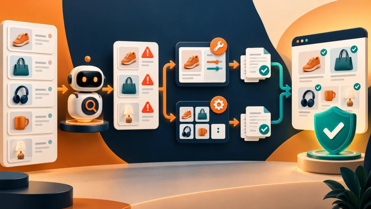Merchant compliance workflow from affected product identification and verified corrections to evidence review and restored visibility.