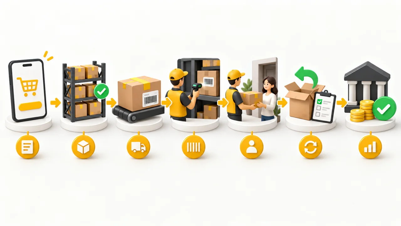 The seller order-to-cash workflow connects purchase instruction, inventory, dispatch, inwarding, returns and payout reconciliation.