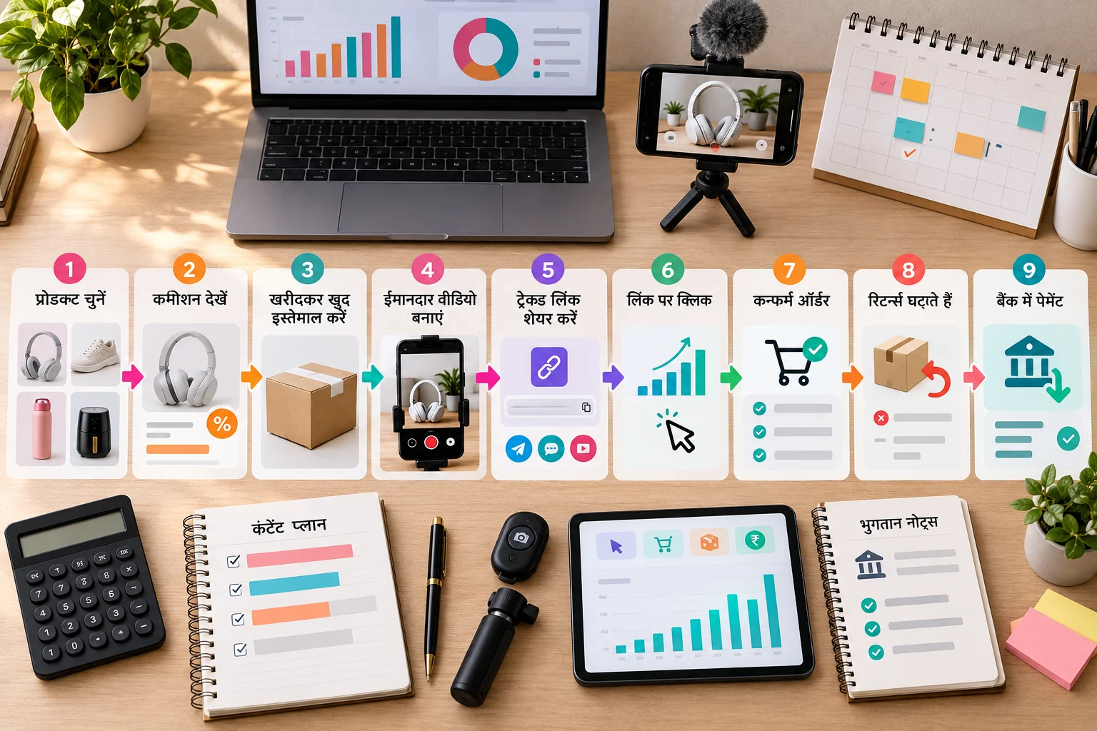 Creator earnings move from product selection and tracked content to clicks, validated orders, return adjustments and final bank payout.