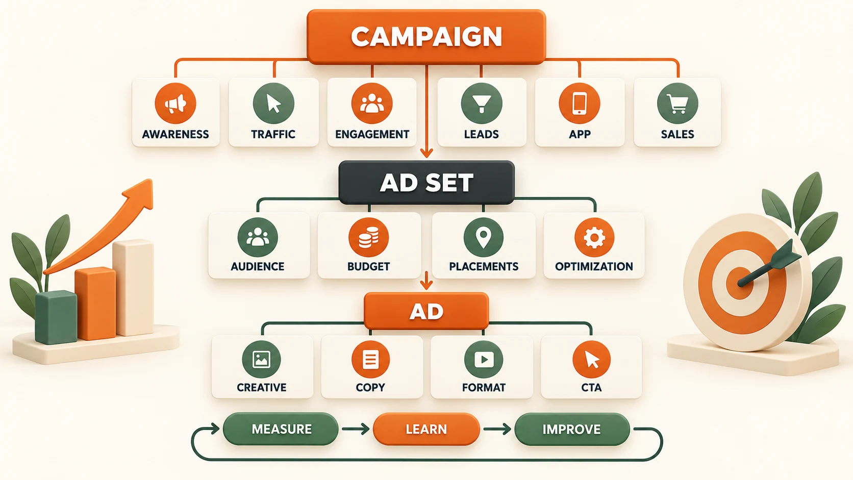 Meta Ads campaign architecture separates the business objective, delivery controls and user-facing creative.