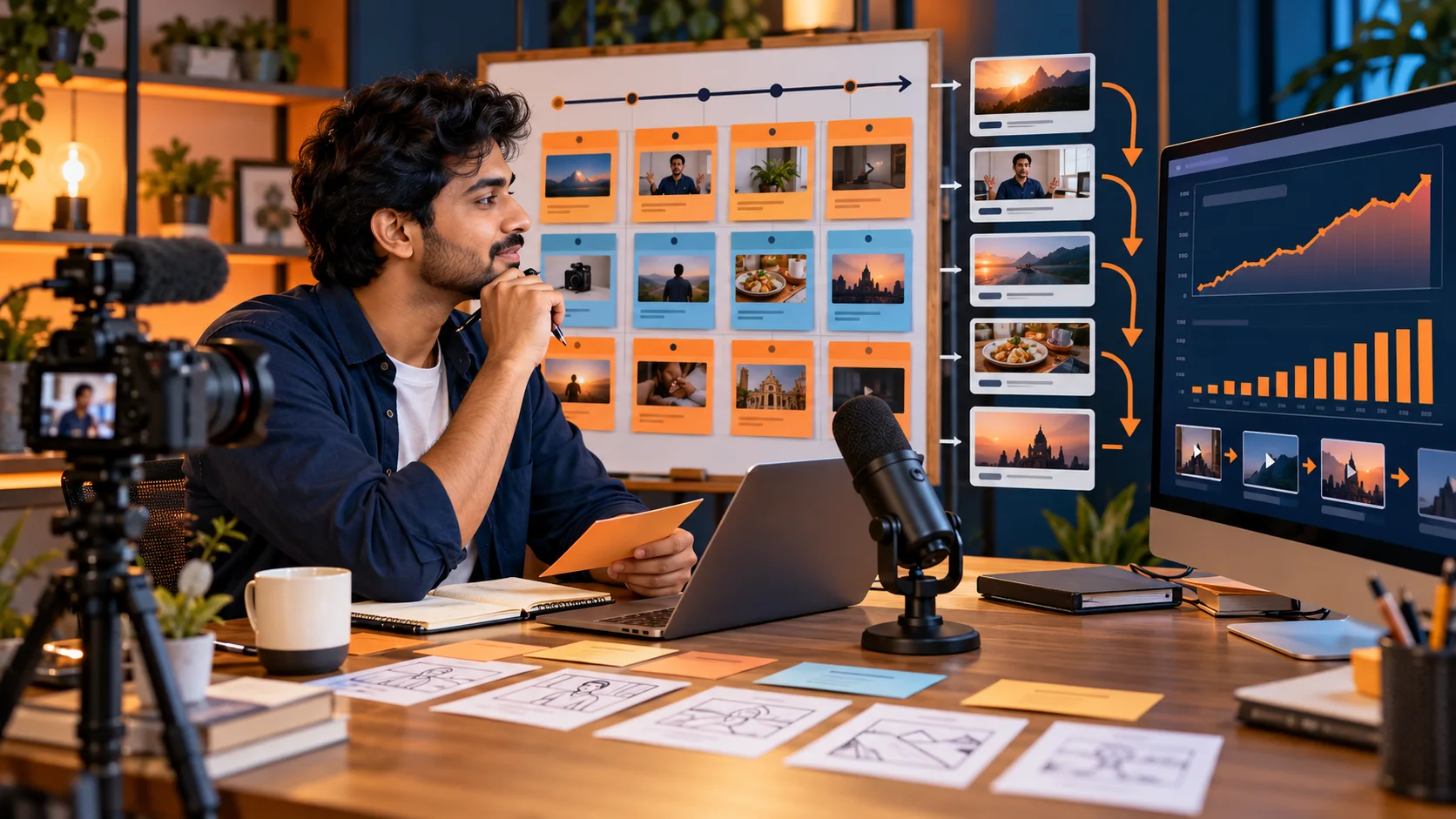 A creator turns a 90-day publishing plan, connected video library and retention analysis into sustainable watch-time growth.