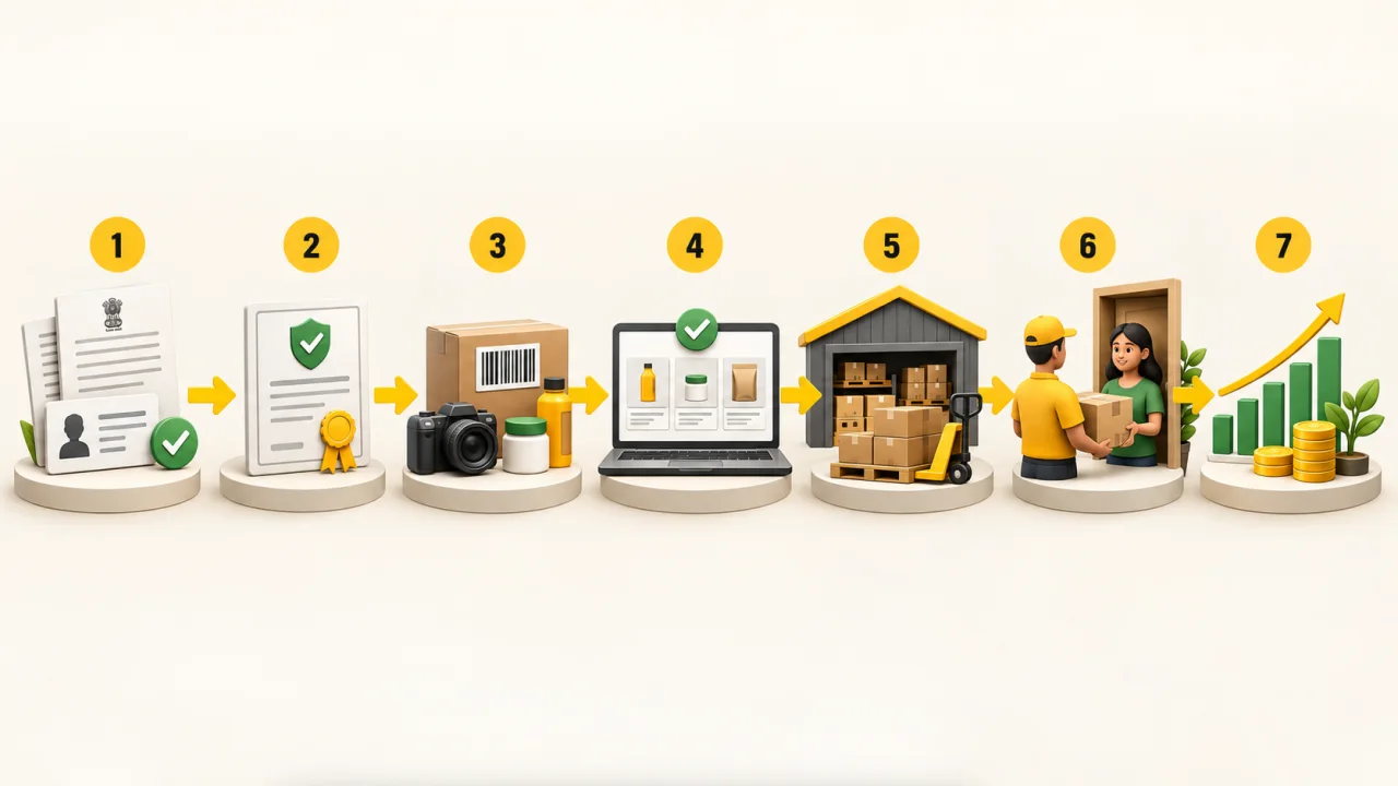 A complete quick-commerce seller workflow connects verification, compliant catalogue data, inventory movement, fulfilment and payout analytics.