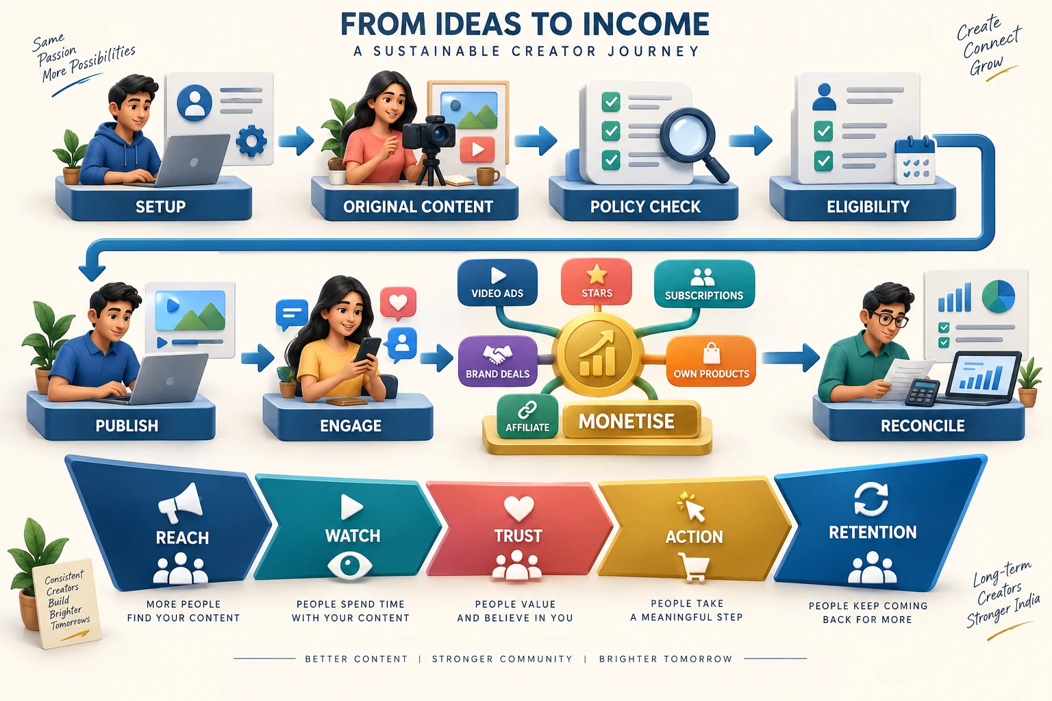 A sustainable Facebook creator business connects original content and policy eligibility to audience trust, diversified revenue and accurate payout reconciliation.