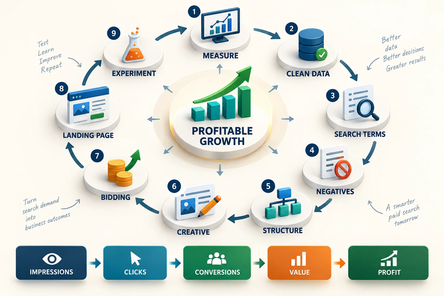 A reliable paid-search optimisation cycle connects clean measurement, search intent, controlled automation, landing-page quality and profit.