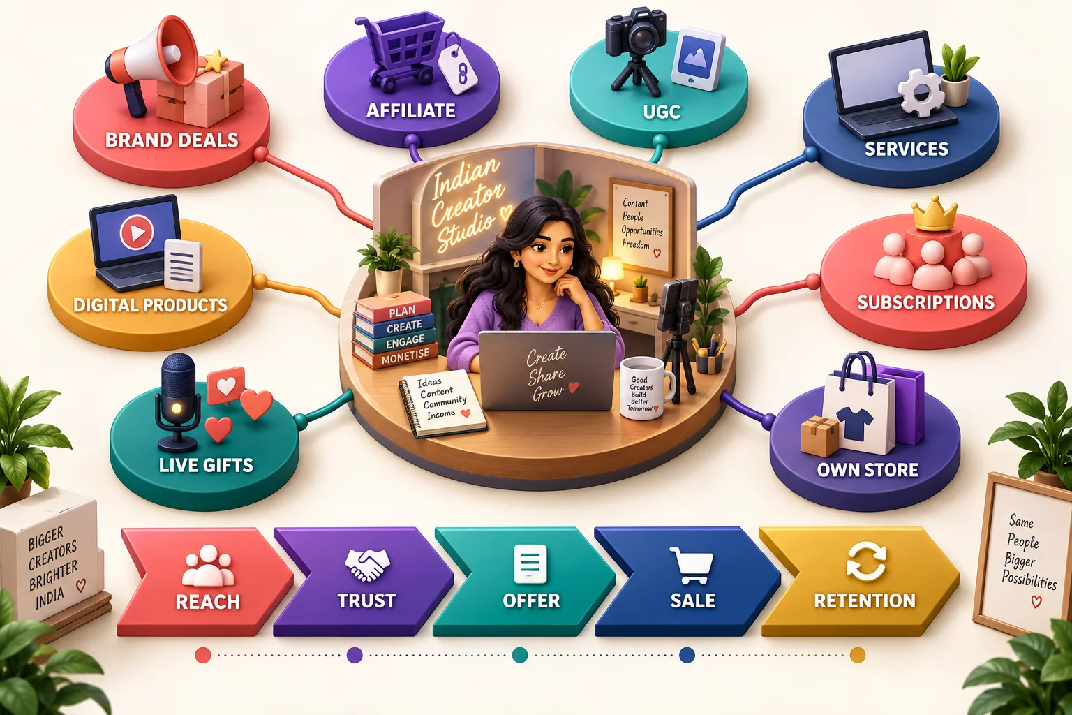A diversified creator business connects qualified reach and audience trust to useful offers, transparent sales and repeat customers.