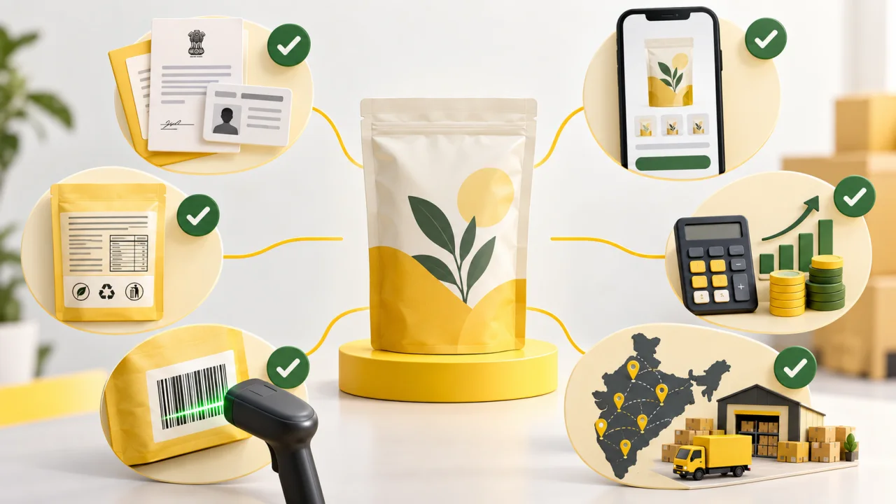 A first-time brand readiness scorecard covers identity, compliance, packaging, barcode, unit economics and inventory capability.