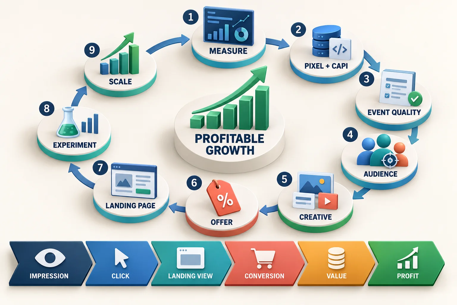 A reliable social-ad optimisation cycle connects Pixel and Conversions API data, creative strategy, offer quality, landing experience, experiments and profit.