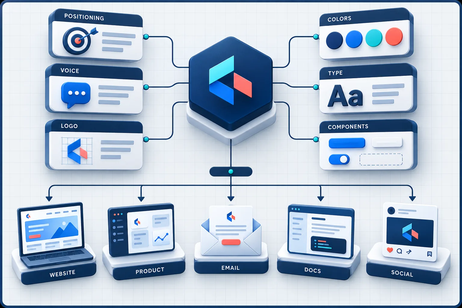 A developer brand system connects positioning, voice and visual tokens across every customer touchpoint.