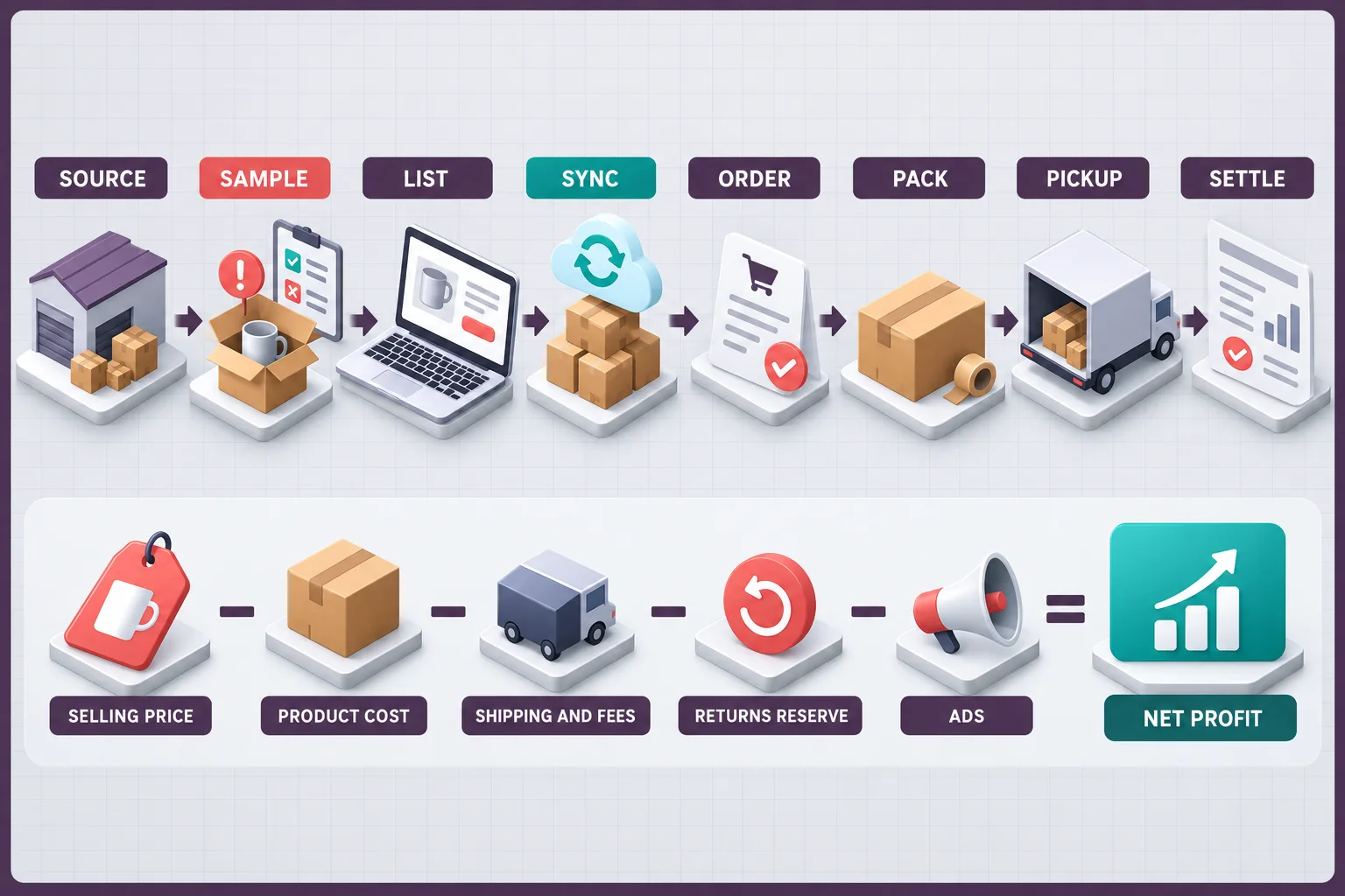 A practical low-inventory workflow connects supplier validation, accurate listings, stock sync, compliant dispatch and return-adjusted settlement.