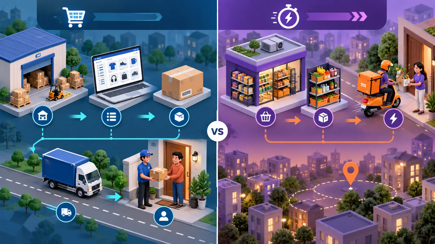 Regular marketplace fulfilment and rapid local-store commerce use different inventory and delivery workflows.