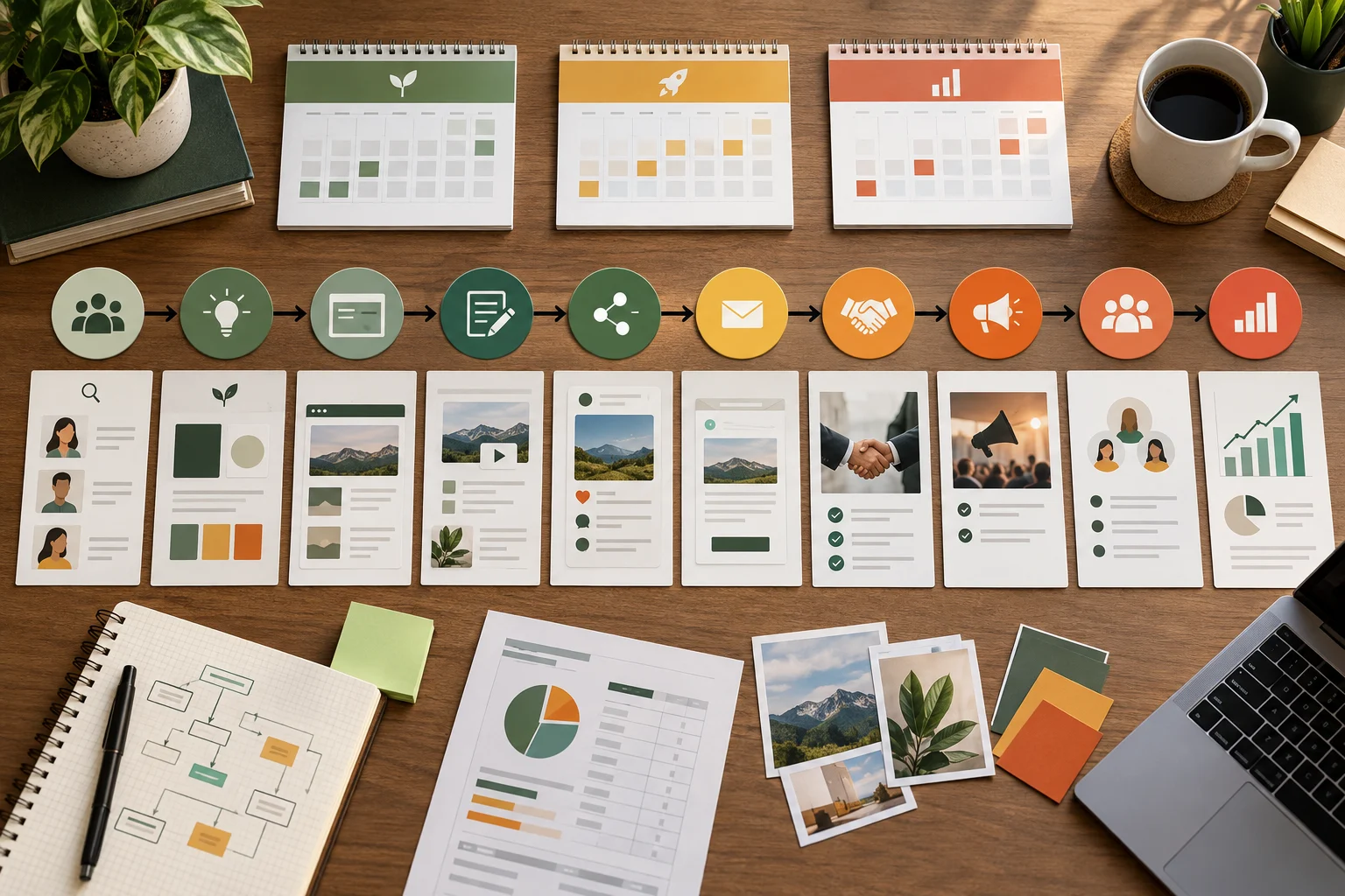 A focused 90-day roadmap connects customer research, brand foundation, channel experiments, partnerships, retention and measurement.
