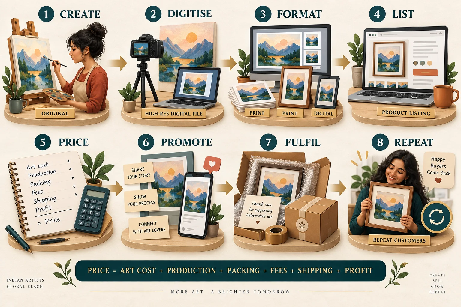 A professional online art workflow connects creation, digitisation, clear rights, pricing, promotion, safe fulfilment and repeat collectors.
