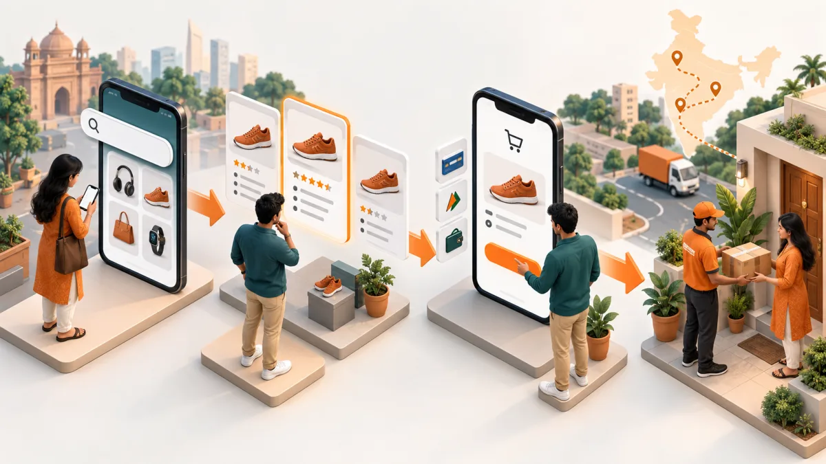 A typical ecommerce journey moves from product discovery and comparison to checkout and delivery.