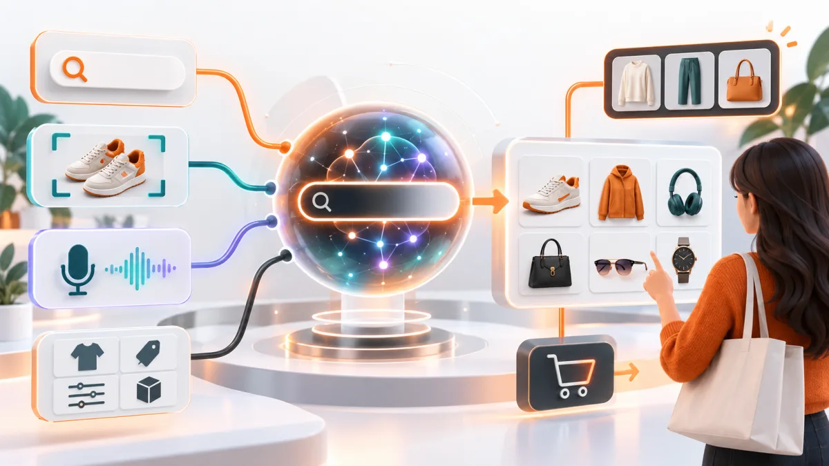 AI-assisted discovery connects text, image and voice searches with structured product information.