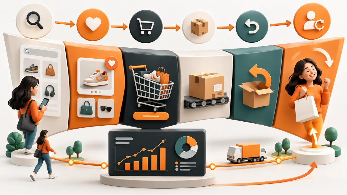 A complete ecommerce measurement funnel follows discovery, engagement, purchase, fulfilment, returns and loyalty.
