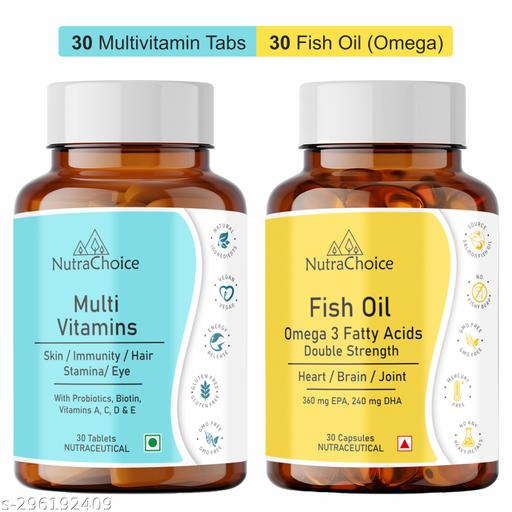 NutraChoice Multivitamin and Fish Oil Combo Double Strength | Multivitamin Tablets with Probiotics & Prebiotics (30 Tablets) + Maximum Strength Omega 3 Fish Oil Capsule 30 Count (360 Mg EPA & 240 Mg DHA)