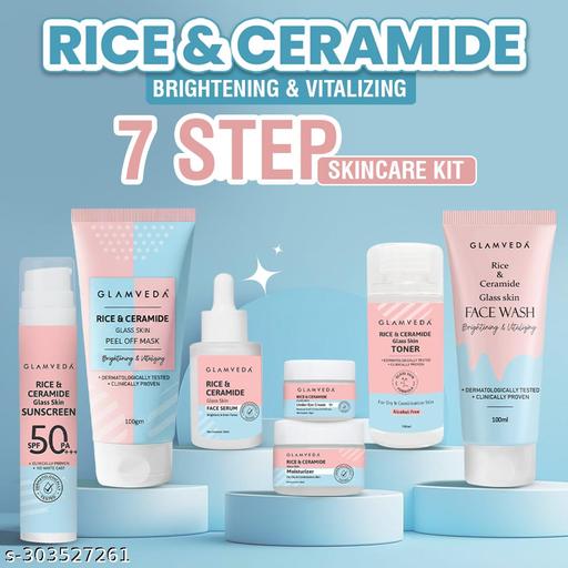 Glamveda Korean Glass Skin Rice & Ceramide 7-Step Skincare Kit | Complete Glow-Boosting Routine with Face Wash, Peel Off Mask, Toner, Serum, Moisturizer, Sunscreen & Under Eye Cream | Premium Gift Set for Glowing, Nourished Skin