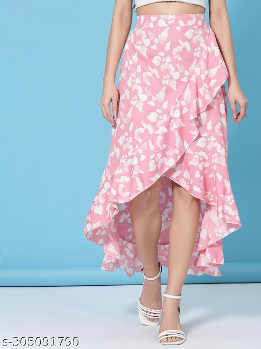 OOMPH Women's Floral Asymmetric Pink Skirts