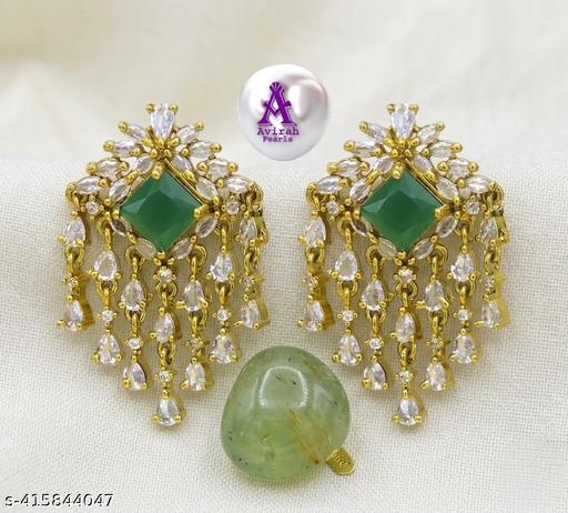 Special Gift Item Women and Girls Premium Emerald Green American Diamond Gold Plated Chandelier Earrings for Women | Green Square Stone Long Hanging Earrings with Marquise Drops | Traditional Bridal & Festive Wear Jewellery
