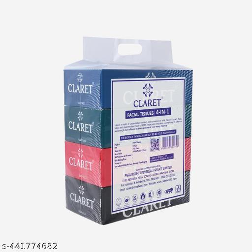 Claret 4 in 1 Facial Tissue combo pack -2 ply , 100 Pulls, 18 x 20 cm: Soft & Practical for Daily Use and Versatile Needs