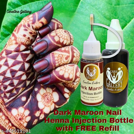 CareOne Gallery Instant Nail Injection Henna Paste Mehendi Bottle With (Free Refill Bottle) | Vegan & Halal Nail Polish For Women | Without Chemicals | Long Lasting | Ready To Use Dark Maroon Colour Stain |