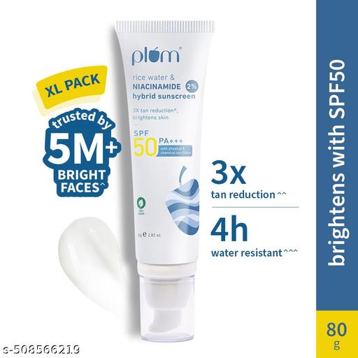 Plum 2% Niacinamide Sunscreen SPF 50 PA+++ With Rice Water | 4 Hrs Water Resistance | 3x Tan Reduction & Brightens | No White Cast, Lightweight, Non-Sticky | Dermatologically Tested | All Skin Types | Women & Men | 100% Vegan | 80 g