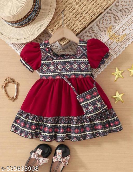 2pcs/Set Baby Girls Princess Style Square Collar Puff Sleeve Floral & Geometric Print Splicing Dress With Invisible Zipper For Matching Bag, Comfortable And Fashionable For Spring/Summer/Autumn