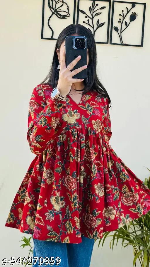 Floral Printed Red Peplum Top for Women | V-Neck Short Kurti for Jeans | Casual & Ethnic Wear