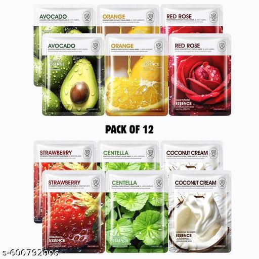 Pack of 12 Korea Essence Face Sheet Masks – Avocado, Orange, Red Rose, Strawberry, Centella & Coconut (2 Each)