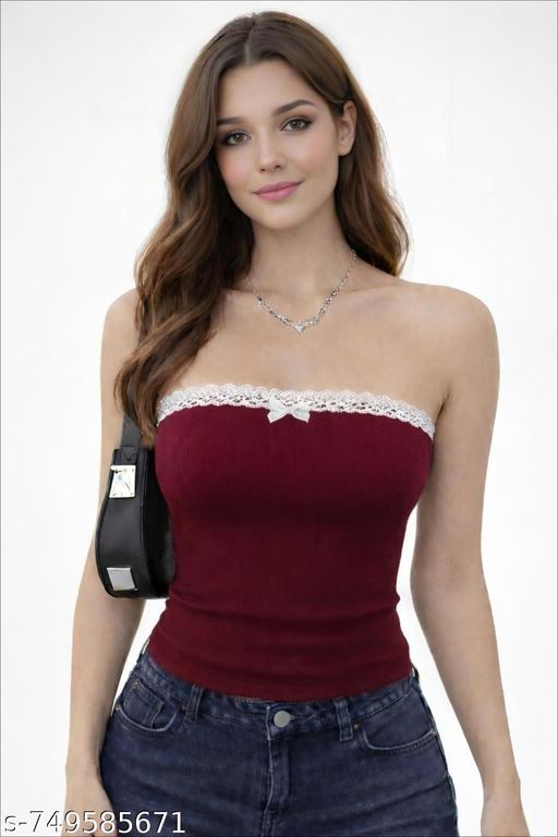 Women Ribbed Strapless Tube Top with Lace Detail – Slim Fit Stretchy Party Wear