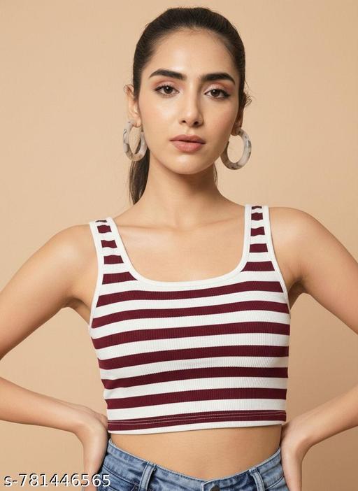 Women Striped Ribbed Sleeveless Casual Crop Top - Maroon