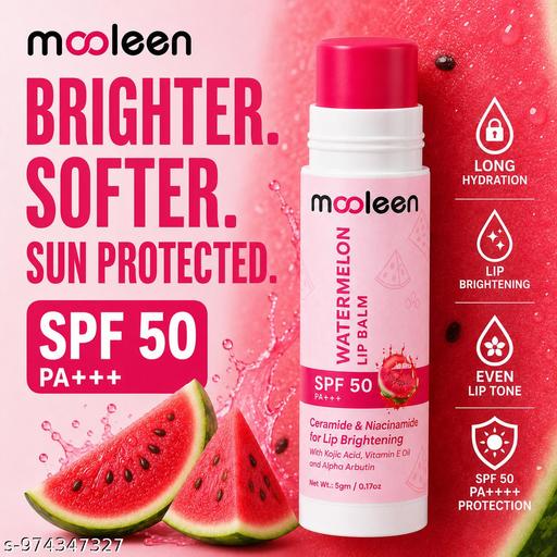 Mooleen Watermelon Lip Balm SPF 50 PA+++ | Ceramide & Niacinamide | Tinted Lip Balm for Lip Brightening | Moisturizing & Sun Protection | 5gm